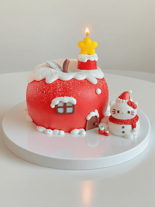 Christmas Cottage Cake with Kitty Snowman