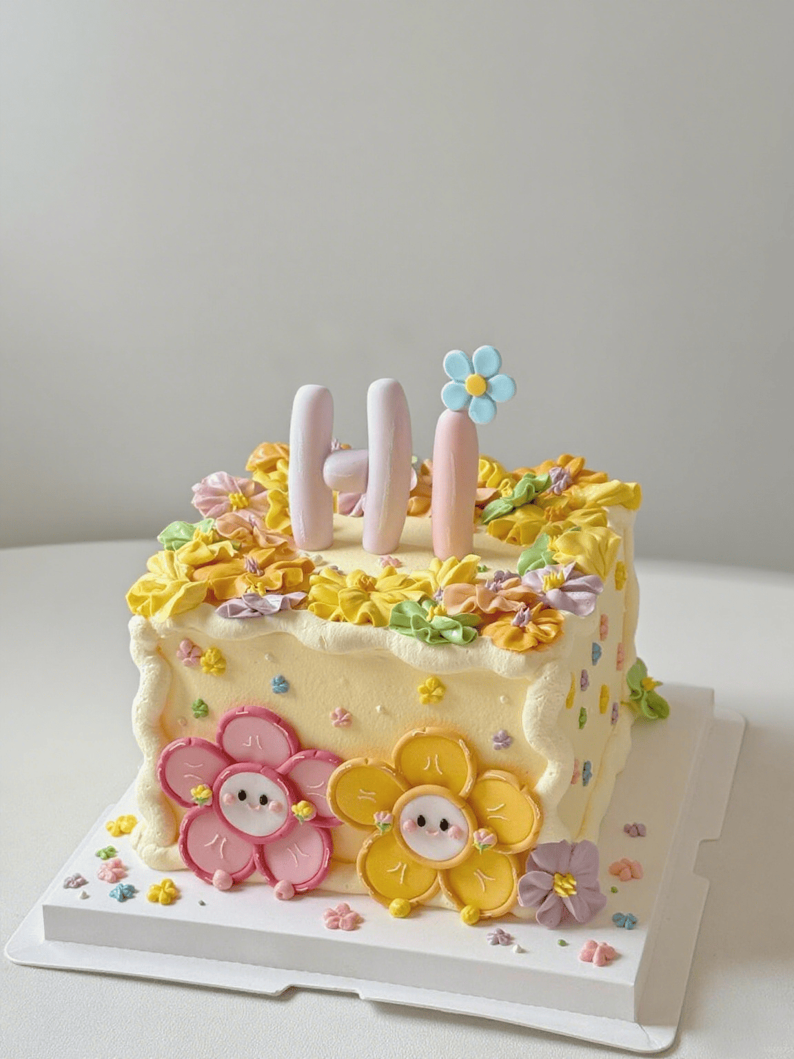 Happy Bloom Cake – Dopamine Square Cake with Colorful Cream Flowers