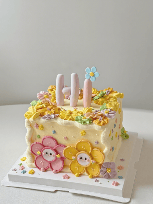 Happy Bloom Cake – Dopamine Square Cake with Colorful Cream Flowers