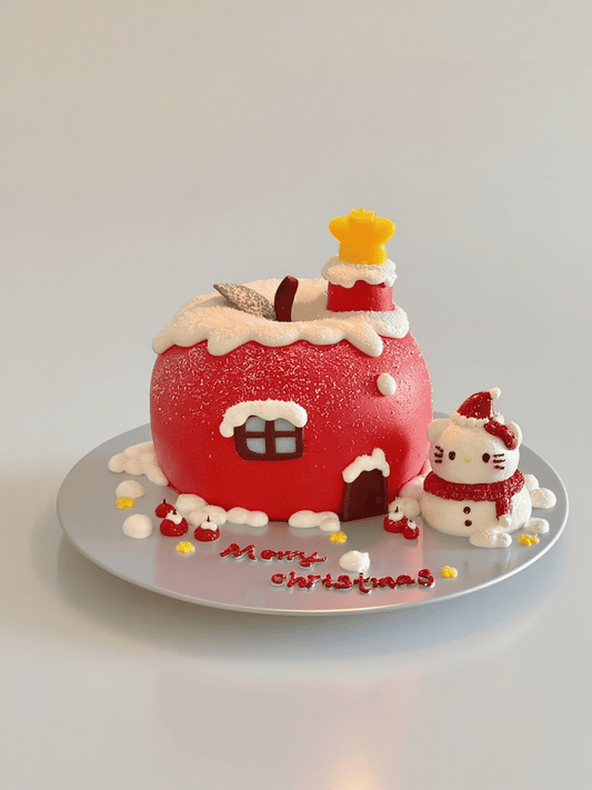 Christmas Cottage Cake with Kitty Snowman