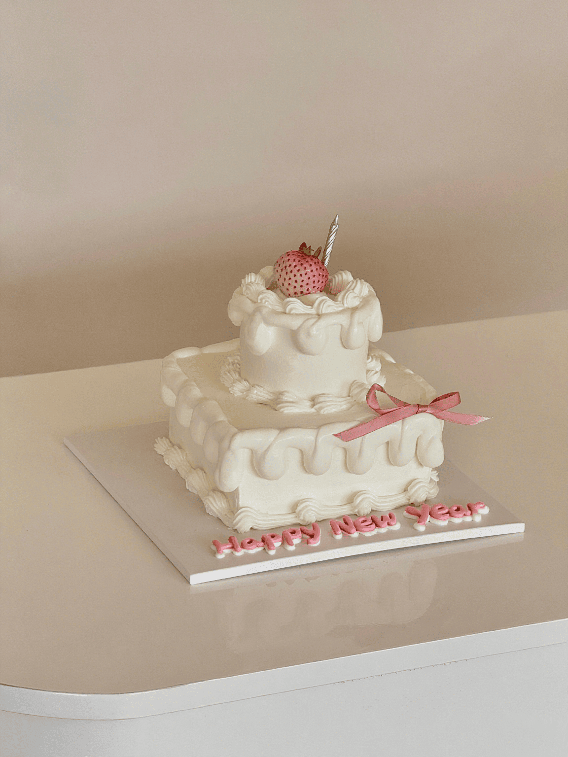 Square Two-Tier Strawberry New Year Cake